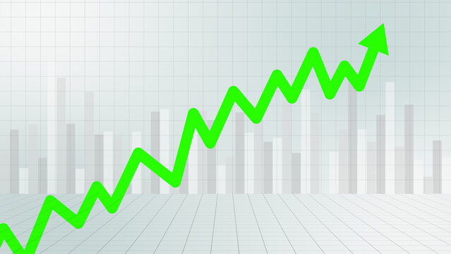 Green 3D line arrow pointing upward showing stock market growth, financial investment uptrend, business profit increase, economic performance rise, and positive trading concept