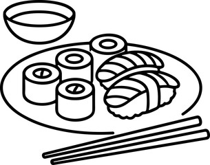 Simple Line Art of Sushi and Soy Sauce Dish with Chopsticks on Plate © Ajeng