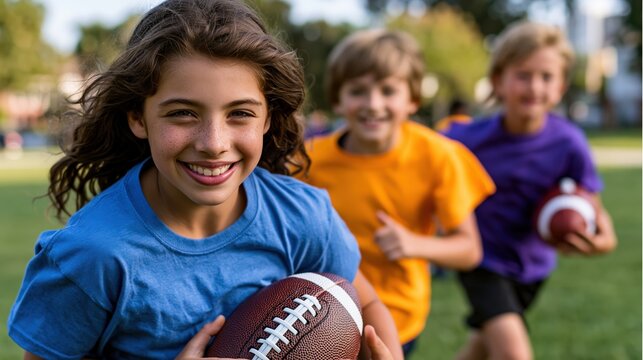 Diverse group of children running football drills in park