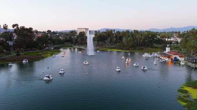 Echo Park Lake Aerial View with Fountain and Paddle Boats Los Angeles, November 25 2025