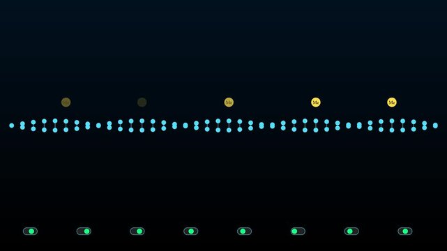 Abstract digital network connection animation with pulsing data nodes and ui toggle switches connectivity