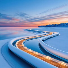 Fototapeta premium Aerial view of a winding illuminated pipeline road across icy coastal landscape at sunset