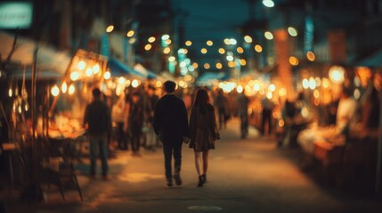 Fototapeta premium Romance and urban exploration. A couple walks hand in hand through a bustling night market, surrounded by the warm, blurred lights of stalls and crowds, creating a romantic and vibrant atmosphere.