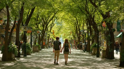 Fototapeta premium Travel and romance. A young couple walks hand in hand down a beautiful tree lined street on a sunny summer day, showcasing togetherness and urban exploration.