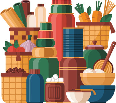 Grocery, food, basket, collection, non-perishable, items, vector