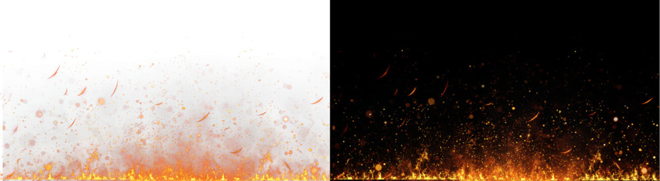 PNG image of Bright orange fire sparks and glowing embers floating upwards from a hot burning flame base on transparent background
