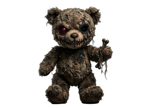 Creepy, Ragged Zombie Teddy Bear with Red Eye and Keys, Isolated on Transparent Background
