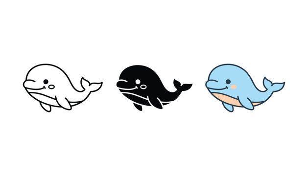 Cute beluga whale icon set featuring outline silhouette and colored flat design styles for marine life and ocean wildlife web graphics