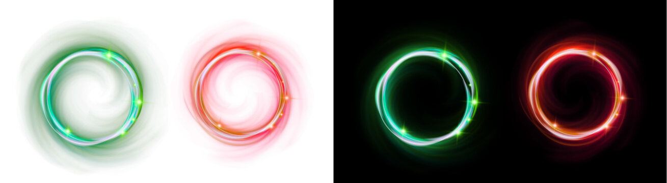 PNG image of Vibrant glowing red and green circular light trails featuring dynamic spin effects and sparkling particles captured on transparent background