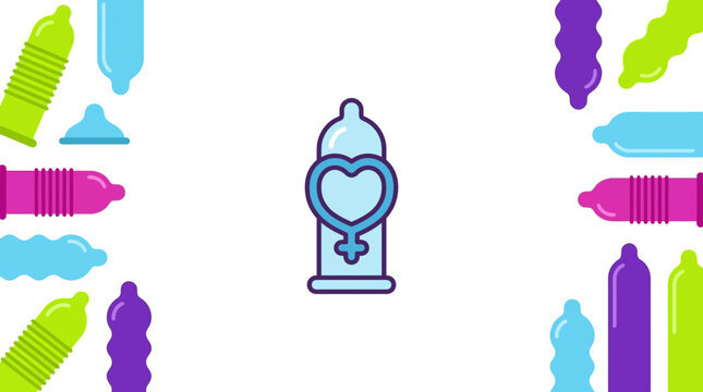 A blue condom icon featuring a heart and female gender symbol.