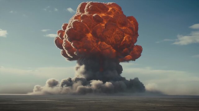 Distant nuclear explosion on flat horizon with enormous mushroom cloud dominating the sky. Perfect for apocalyptic or war concepts.

