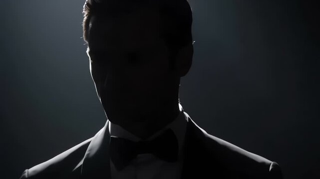 Elegant man in black tuxedo blending into a dark moody background. Perfect for luxury, spy, fashion or formal exclusive event concepts.

