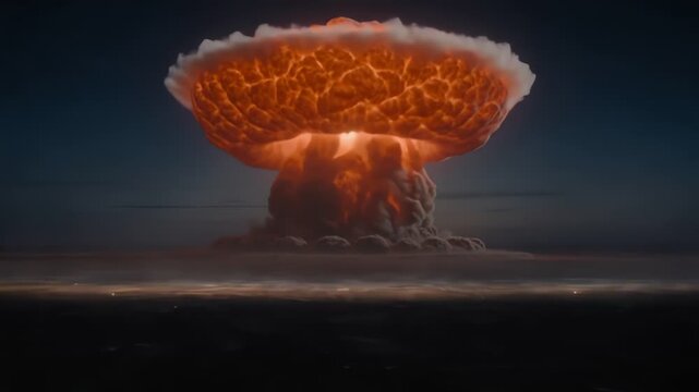 Distant nuclear detonation with a massive glowing fireball in the dark sky. Perfect for apocalyptic, doomsday and cinematic war concepts.

