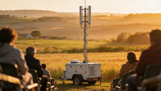 Medium shot showing a mobile coverage trailer deployed in a rural field the antenna prominently raised while the surrounding seating area and spectators remain softly blurred.