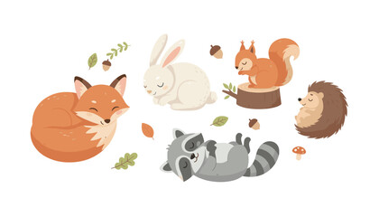 Naklejka premium Adorable sleeping forest animals collection featuring a cute fox, resting rabbit, sleeping squirrel, and raccoon.