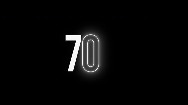Minimalist 70k follower milestone text design bundle with a 3 set choice showing neon light glow transitions and slow kinetic typography animation on a black screen
