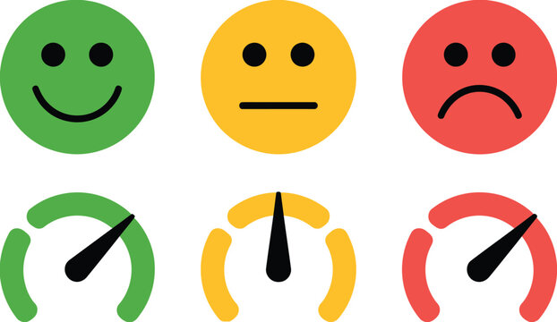 Satisfaction icon set, smiley face indicators and rating gauges representing user experience feedback quality assessment and surveys.
