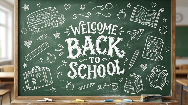 Welcome back to school chalkboard drawing with school supplies and classroom objects