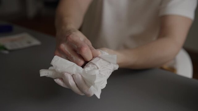 Close-up of professional taking off white disposable gloves and moisturizing hands by applying soothing cream for skin care and hygiene after medical, cosmetic procedure