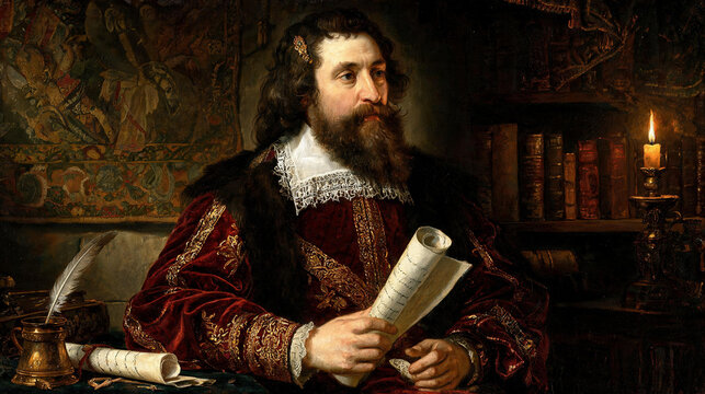 Baroque-style portrait painting of a scholarly bearded man in red velvet robe with gold embroidery holding a scroll among candlelit books and tapestries