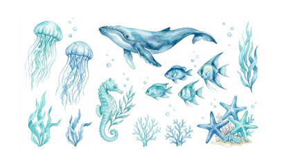 Sea Animals Watercolor Set with Blue Ocean Fish Whale Seahorse and Jellyfish Illustration Collection © Sagor