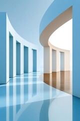 Naklejka premium Abstract modern architectural corridor with curved columns, reflective floor and soft natural light