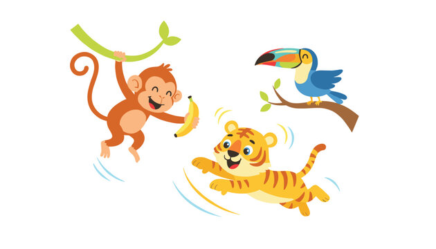 Cute cartoon jungle animals illustration depicting a playful monkey with a banana, jumping tiger, and a toucan.