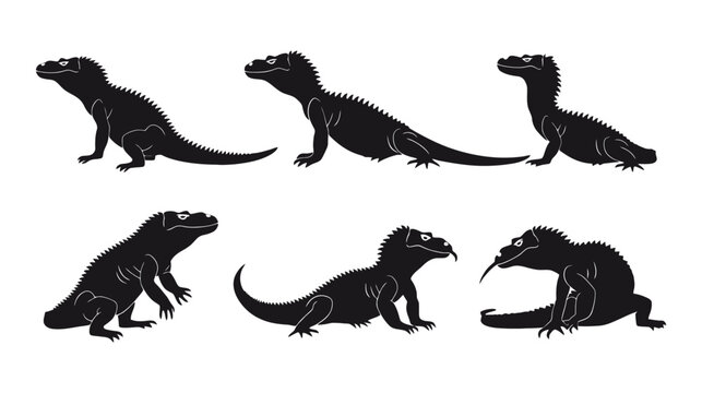 Komodo dragon silhouette collection, black lizard reptile vector set, wild monitor lizard icons for nature and wildlife design projects