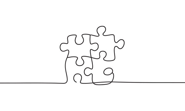 Continuous one line of four jigsaw puzzle pieces connected together, representing problem solving, teamwork, cooperation, strategy, connection, unity, and logical thinking on white