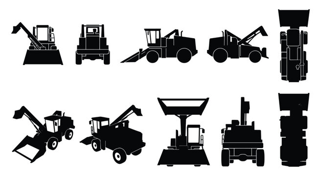 Construction and Agricultural Loader Silhouette Set &mdash; Telehandler and Bucket Machine Vector Icons Isolated
