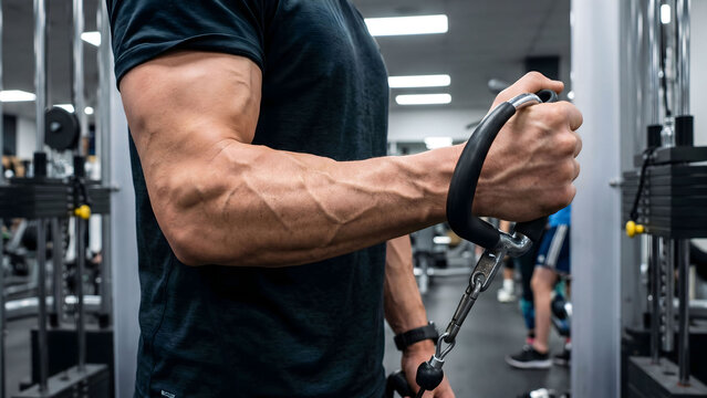 Close-up shot of intense forearm vascularity and veins while holding gym equipment handle