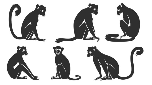 Black lemur silhouette set, 6 exotic primate vector icons, sitting monkey silhouettes for wildlife logos and nature conservation graphics