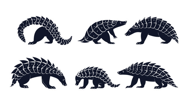 Pangolin silhouette vector set, scaly anteater animal illustrations in various poses, black and white wildlife graphics for conservation and nature design