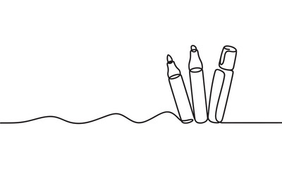 Continuous single line of three felt tip markers standing upright on a flat surface, isolated on a white background, minimalist black ink of stationery office supplies © KDP Coloring Pages