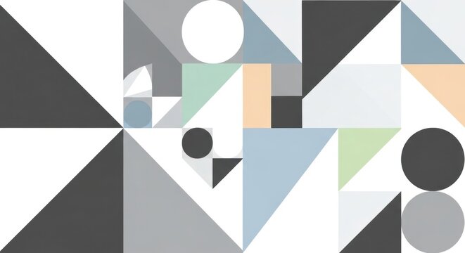 Abstract composition featuring various geometric shapes including triangles and circles in muted tones