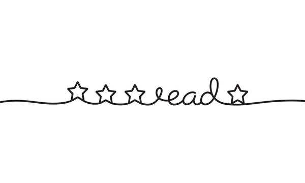 Continuous single line of the word lead written in cursive script with five stars, isolated on a white background, minimalist typography and symbol