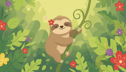 Obraz premium Adorable cartoon sloth hanging from a climbing vine in a lush green jungle filled with exotic leaves and tropical flowers.
