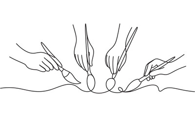 Fototapeta premium Single continuous line of multiple hands holding paintbrushes painting a long wavy line, isolated on a white background, minimalist style black and white