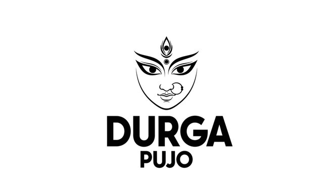 Minimalist black and white graphic illustration of Goddess Durga face for Durga Pujo festival.