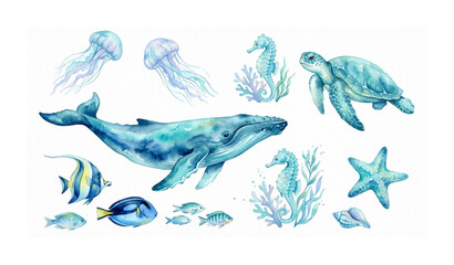 Sea Animals Watercolor Set with Blue Ocean Fish Whale Seahorse and Jellyfish Illustration Collection © Sagor