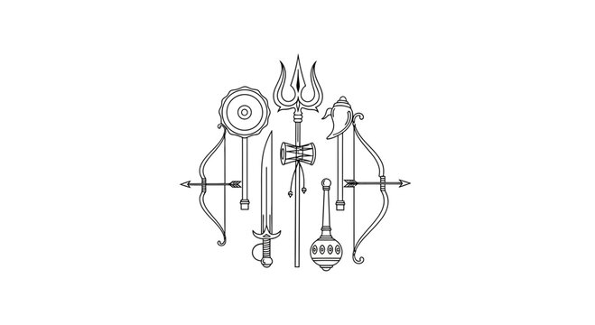 Line art illustration of traditional Indian mythological weapons and symbols.