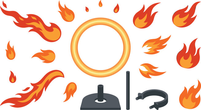 Circus Ring of Fire and Flame Effect Vector Element Set Featuring Burning Hoops Stunt Fireballs Sparks and Bonfire Ignition Symbols