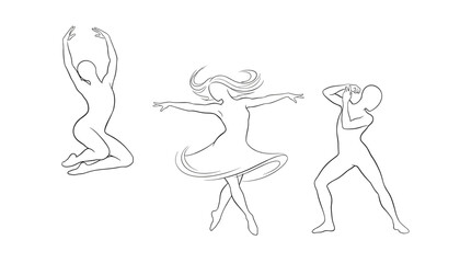 Obraz premium Elegant minimalist line drawing showing three graceful dancers performing expressive and energetic dance moves.