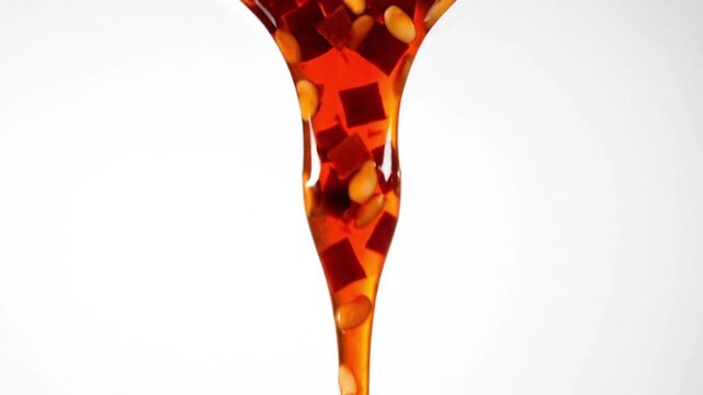 Close-up Sichuan chili sauce drip on white background with spicy flavor concept