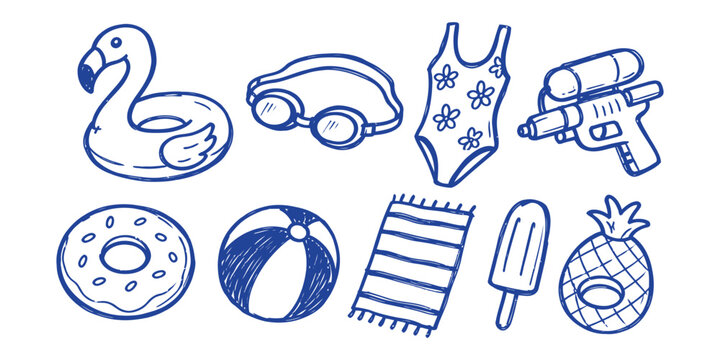 pool party elements and summer swimming doodle icon set vector illustration