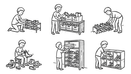 Obraz premium Boy organizing shoes in different storage solutions and cleaning boots
