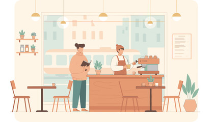 Fototapeta premium Cozy cafe scene featuring a barista making coffee behind the wooden counter while an active customer reads a book.