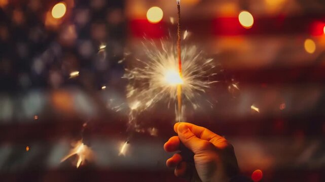 Hand Holding a Sparkler with an American Flag Background for Patriotic Celebrations