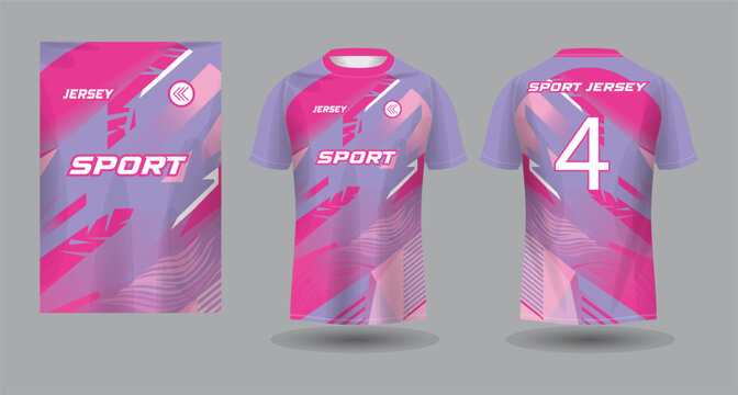 Modern pink and purple sports jersey template with abstract geometric pattern design for soccer team uniform apparel mockup.