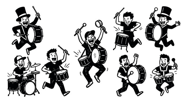 Cartoon drummers playing drums and having fun in a marching band style